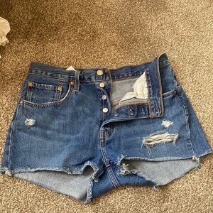 Levi's Blue Distressed Jean Shorts with Frayed Hem